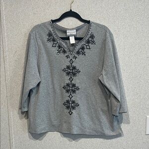 Alfred Dunner Gray Top with Black Embroidery